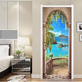 FLFK 3D Balcony Arch Seascape Door Stickers Self-Adhesive Wall Murals Photo Wall Decals 30.3
