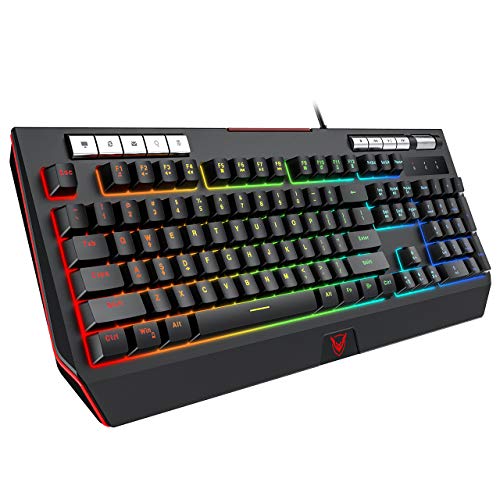 PICTEK RGB Gaming Keyboard 【Upgraded】 with Phone Holder, Volume Wheel, Customizable RGB Backlit Wired Keyboard, 9 Independent Multimedia Keys, Computer Keyboard for Mac/PC Gamers, Sega Saturn Games