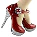 SHOW STORY Wine Red Flower Ankle Strap Stripe Stiletto High Heel Platform Pumps,LF30404RD40,9US,Red