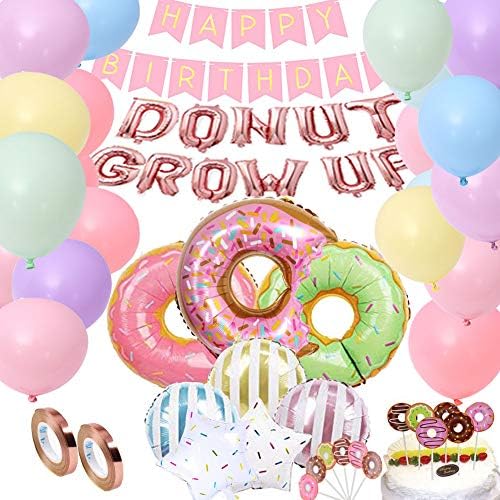 DXary Donut Party Supplies Kit, Donut Grow Up Foil Balloons Birthday Garland and Colorful Latex Balloons Donut Balloon CupcakeToppers for Donut Birthday Party Decorations