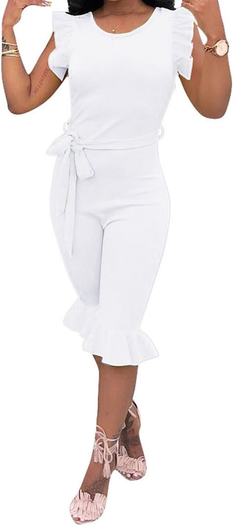 Women's Summer Jumpsuits - Sleeveless Ruffles Capri Bodycon Jumpsuits and Rompers One Piece Outfits with Belt