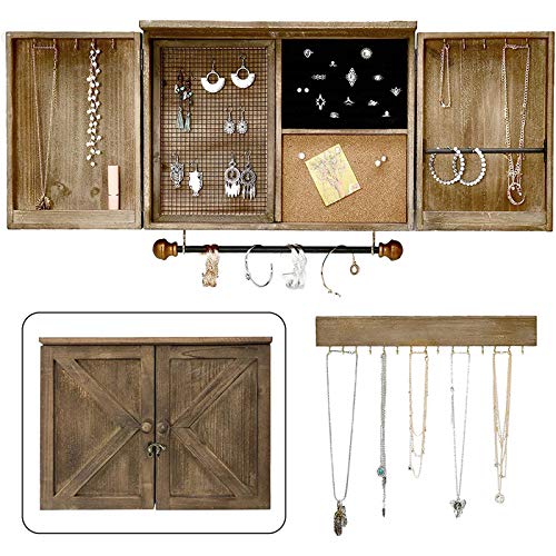 WELLAND Rustic Wall Jewelry Organizer, Barn Door Wood Jewelry Holder