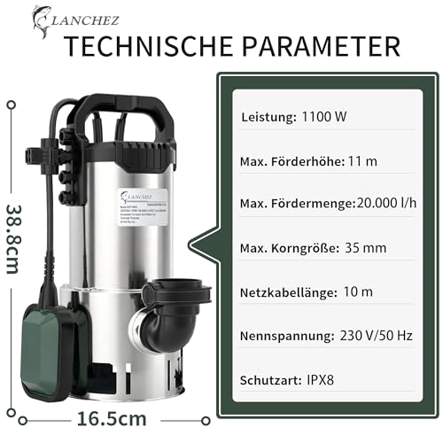 LANCHEZ Stainless Steel Submersible Dirty Water Pump 1100 W, 20,000 l/h, Discharge Head 11 m, Max Permeable Particle Size: 3.5 cm, Adjustable Float Switch, Thermal Protection, for Pool, Chuck, Garden