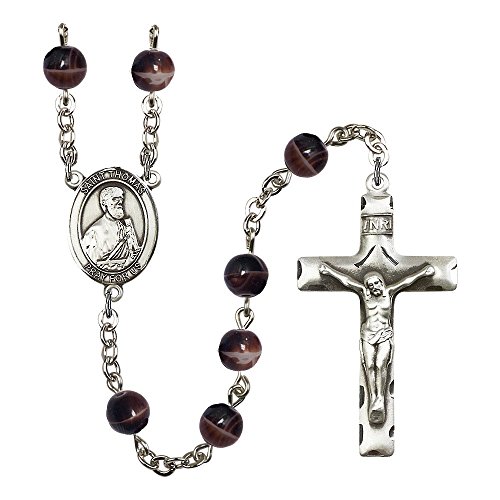 St. Thomas the Apostle Silver-Plated Rosary 7mm Brown Beads Crucifix Size 1 3/4 x 1 medal charm