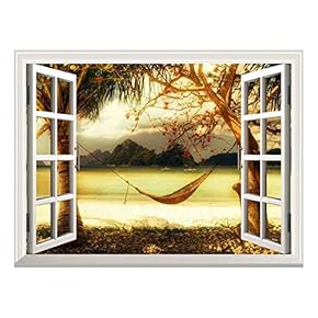 Removable Wall Sticker/Wall Mural - Beautiful Tropical View with a Hammock | Creative Window View Wall Decor -24"x32"