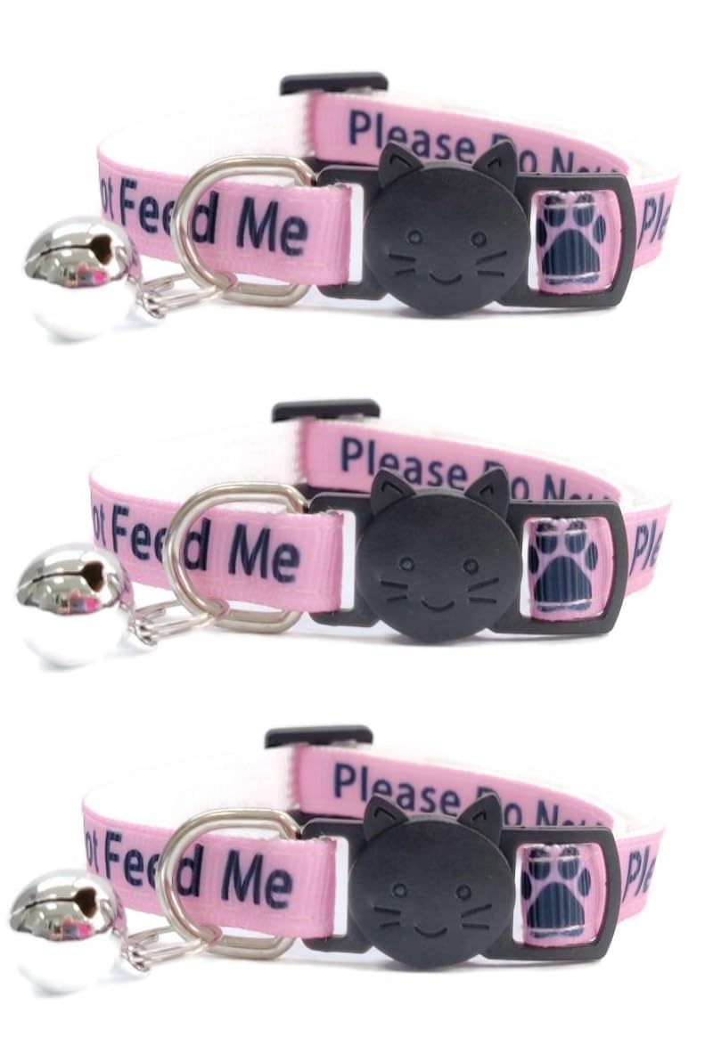 Worded Cat Collars with Bell – Please Do Not Feed Me, I Am Microchipped | Safe Quick Release Breakaway Buckle | Zacal Cat Collars (1. Pink, Please Do Not Feed Me, Pack of 3)