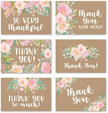 24 Rustic Kraft Floral Thank You Cards With Envelopes, Great Note For Adult Funeral Sympathy or Gift Gratitude Supplies For Grad, Birthday, Baby or Vintage Flower Bridal Wedding Shower For Boy or Girl