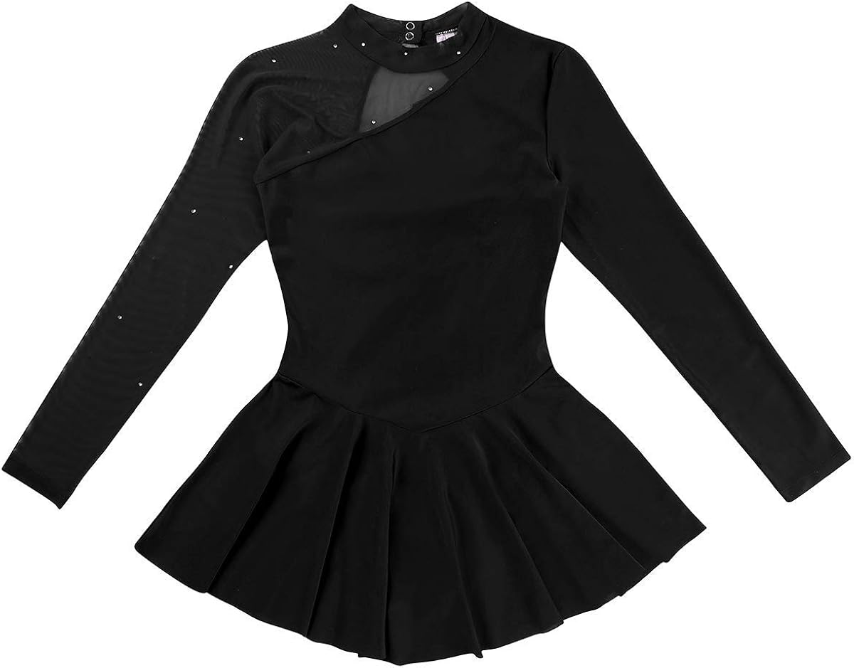 MSemis Women Adult Long Sleeve Mesh Figure Ice Skating Dress Ballet Leotard Dress Lyrical Dance Costume: Clothing