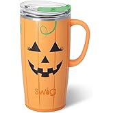 Swig Life 22oz Travel Mug, Hallowen Insulated Tumbler with Handle and Lid, Travel Coffee Mug, Cup Holder Friendly, Stainless Steel 22 oz Tumbler, Reusable Insulated with Lid (Boo Crew Pumpkin)