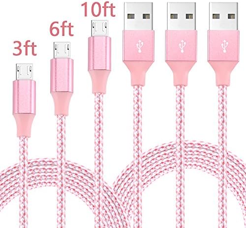 Airsspu Micro USB Cable,3Pack 3FT 6FT 10FT Nylon Braided High Speed Android Charger USB to Micro USB Cable Samsung Fast Charger Charging Cord for Samsung Galaxy S7 Edge/S6/S4/Note 5/Note 4(Pink)