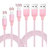 Airsspu Micro USB Cable,3Pack 3FT 6FT 10FT Nylon Braided High Speed Android Charger USB to Micro USB Cable Samsung Fast Charger Charging Cord for Samsung Galaxy S7 Edge/S6/S4/Note 5/Note 4(Pink)