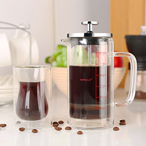 French Press Coffee Tea Maker with 2 Espresso Cups | Double Wall | Stainless Steel Plunger,350ml/10oz by AMFOCUS