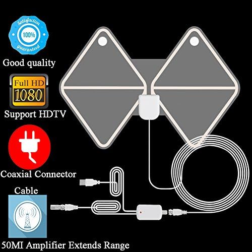 HDTV Antenna, 50 Mile Range Amplified Indoor TV Antenna with Detachable Amplifier Signal Booster for 1080P Strong Reception, USB Power Supply and Long 13ft/4m High Performance Coaxial Cable (White)