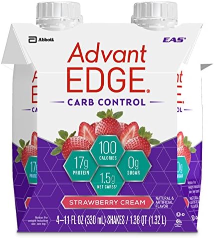 EAS AdvantEDGE Carb Control Protein Shake Strawberry Cream Ready-to-Drink, 17 g of Protein 11 fl oz Bottle, 12 Count