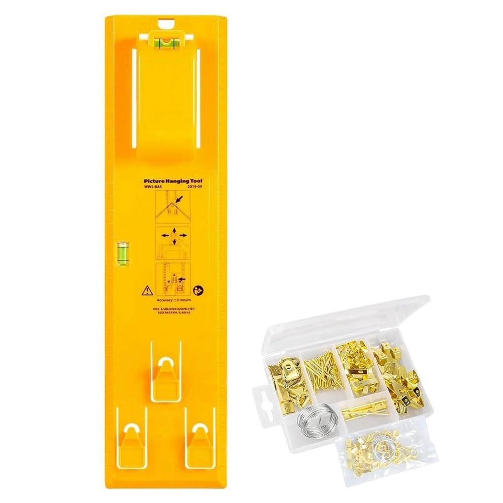 Fowecry Picture Hanger, DIY Picture Hanging Tool with Level, Wall Hanging Kit, Yellow, ABS Plastic