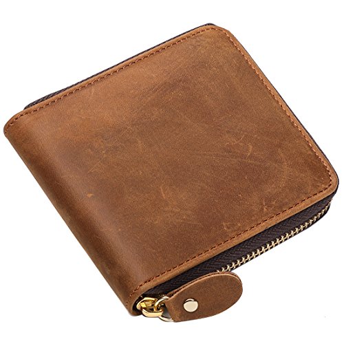 Huztencor Zipper Wallet Men Leather RFID Blocking Wallets for Men with ID Card Window Secure Zip Around Bifold Wallets Brown(FBA)