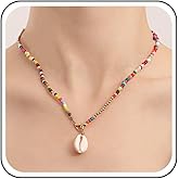 Iaceble Boho Layered seed Bead Necklace Rainbow Beaded Choker Necklace Beach Shell Pendant Necklace sea shell necklace colorful rice bead necklace Jewelry for Women