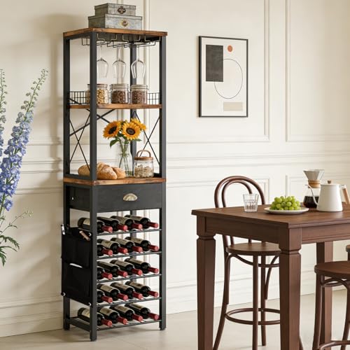 TENGTU Porta Botellas De Vino De 5 Capas para Botellas De Vino Y Licor, Rack De Almacenamiento con CajóN Y Portavasos, Medidas 30×40×148cm, FáCil De Montar para Cantina Bar Mueble para Casa
