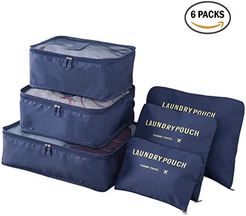 FanaticalPurchase 6Pcs Travel Luggage Packing Organizers Packing Cubes EbagsTravel Luggage Organizer Pouch 3 Travel Cubes &amp; 3 Pouches (Navy)