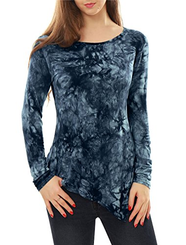 Allegra K Women Long Sleeves Tie-Dye Handkerchief Hem Tunic Top S Blue