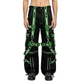 Gothic Punk Cargo Pants, Black W/Neon Green Straps, Streetwear Rave Bondage Trousers, Men's Casual Relaxed Fit