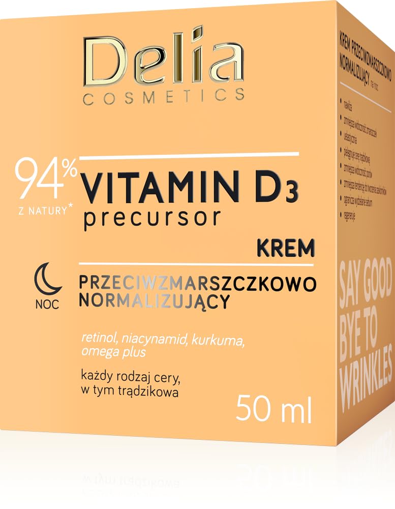 Delia Cosmetics – Vitamin D3 Precursor - Anti-Wrinkle Normalising Night Cream – All Skin Types – Acne Skin – Hydrating – Regenerating – Retinol – Niacinamide – Tumeric – Omega Plus – 50ml