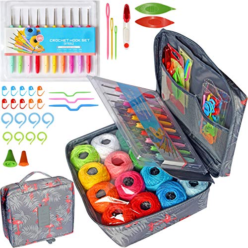16 Colors Crochet Thread Craft Yarn for Knitting and Crochet | Includes Crochet Hooks, Weaving Needles, Locking Stitch Markers All Tool Need Perfect Beginner Kit