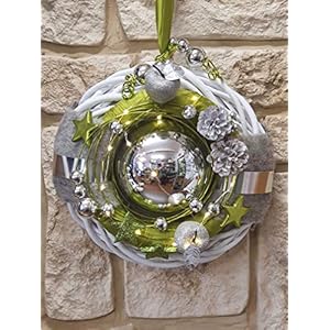 Doppelkranz Wandkranz Nr.23 Türkranz weiß 30 cm mit Silberkugel apfengrün Silber modern Türdeko Winter Weihnachten…