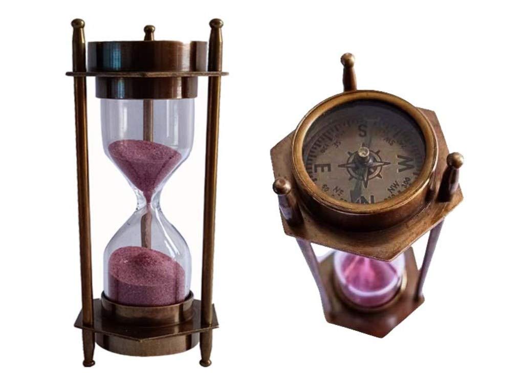 Hanzla Collection 5" Decorative Brass Sand Timer Hourglass With Antique Maritime Compass