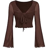 SHENHE Women's Plus Size Fairy Tops Long Bell Sleeve Mesh Tie Front Ruffle Wrap Shirts