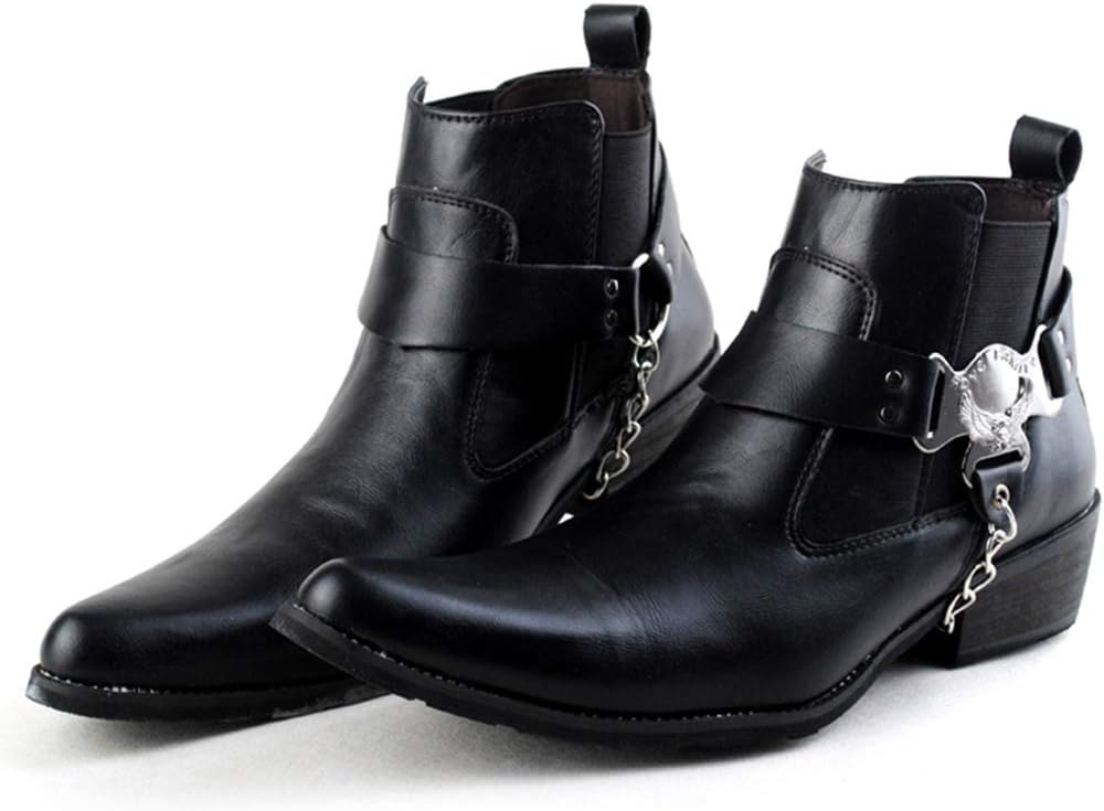 DrakSun Chelsea Boots Men's British Style Short Cowboy Boot Autumn And Winter Leather Martin Boot Pointed Toe Locomotive Punk Shoes with Buckle Chain