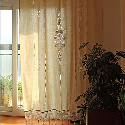 DOKOT Victorian Vintage Long Solid Embroidery Rod Pocket Window Curtains/Drape/Panels/Treatment Cotton Linen with Crochet Border, 71x71 inches (71" Wx71 H(180x180cm), Khaki Embroidery)