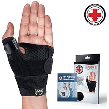 Doctor Developed Thumb Brace/Thumb Support/Thumb Splint/Thumb Stabilizer & Doctor Written Handbook - Fully Adjustable to Fit Any Thumb & Wrist on Both Right & Left Hands [Black, Single]