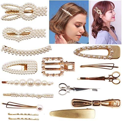 16PCS Faux Pearls Hair Clips Hairpins Sparkly Rhinestones Hair Barrettes Gold Bobby Pins Fashion Hair Accessories for Girls Women Lady