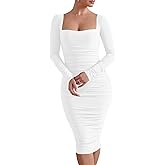 HOCILLE Women's Sexy Long Sleeve Bodycon Square Neck Ruched Cocktail Party Midi Dresses