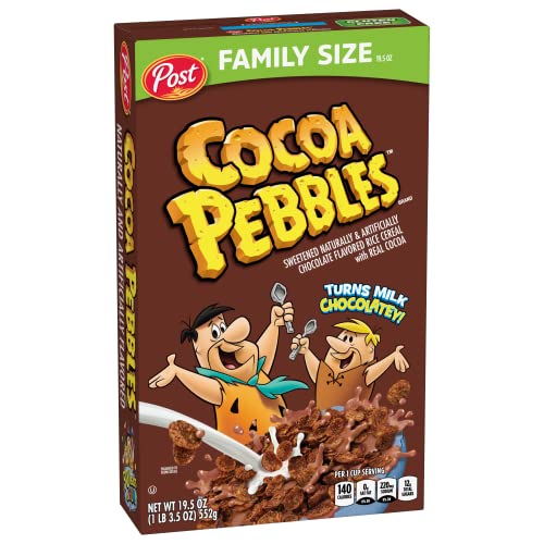 COCOA PEBBLES CEREAL, CHOCOLATEY KIDS CRUNCH, GLUTEN FREE SWEETENED RICE CRUNCH, 19.5 OZ FAMILY SIZE CEREAL BOX