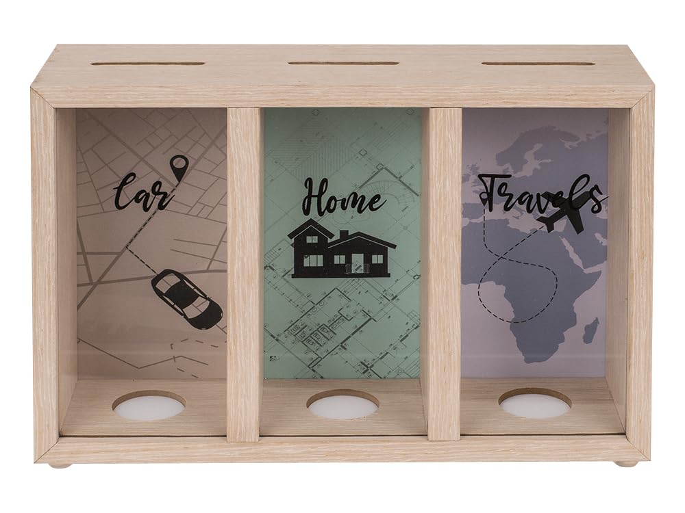 ootb Money Box with 3 Compartments, Wood, Art Deco Style, Multicolor, One Size, Money Bank, Unisex, Holiday Fund, Travel Cash, Car Home Travels