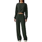 QINSEN Women 2 Piece Outfits Sweatsuit Set Twist Front Cropped Sweatshirt Wide Leg Sweatpant Lounge Set Tracksuit