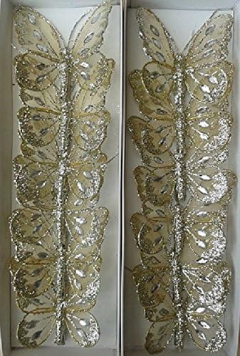 Mesh Glittered Clip On Butterflies - 8cm, Champagne, Tray of 12