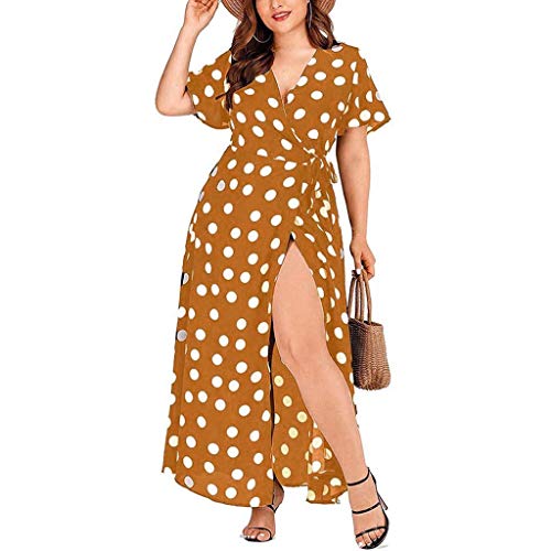 BODOAO Women's Polka Dot Printed Plus Size Dress Casual V-Neck Short-Sleeved Belt Dress