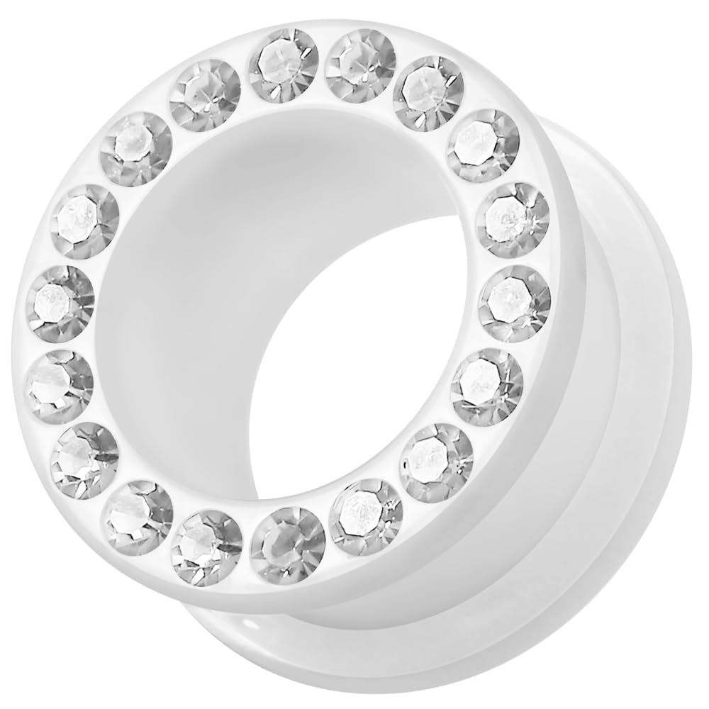 AZARIO LONDON 10MM Multi Clear Crystal Stone on White UV Acrylic Flesh Flesh Tunnel - Externally Threaded Screw Fit Gauge - Ear Stretchers- Acrylic Plugs and Tunnels - Sold by Piece