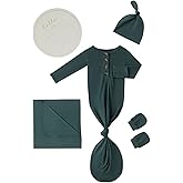 SUZEL Newborn Baby Swaddle Blanket Set with Baby Knotted Gown, Mittens, Hat - Bamboo Viscose Receiving Blanket Bundle (Army Green)