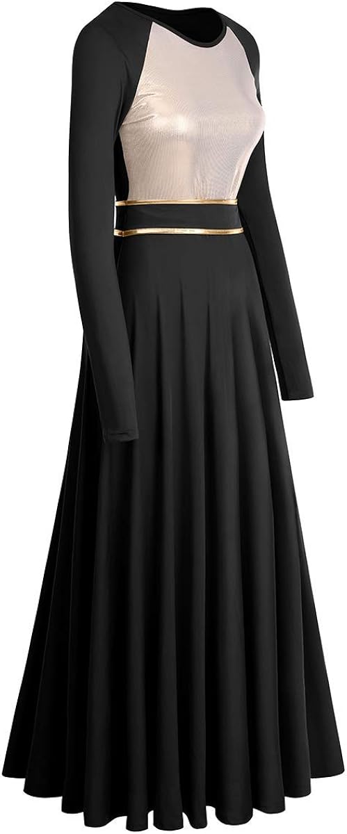 IBAKOM Women Metallic Gold Liturgical Praise Dance Worship Dress Color Block Long Loose Fit Full Length Church Robe Dancewear: Clothing