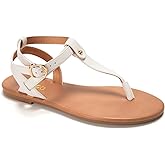 Colgo Thong Flat Sandals, Casual Women T-Strap Dress Sandals with Adjustable Ankle Buckle for Summer Wedding