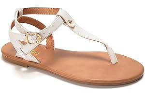 Colgo Thong Flat Sandals, Casual Women T-Strap Dress Sandals with Adjustable Ankle Buckle for Summer Wedding