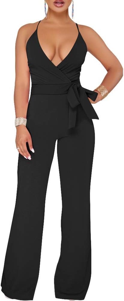 Oubaybay Women's V-Neck Jumpsuit slessveless Solid Color Sling Stitching Open Back Wide Leg Club