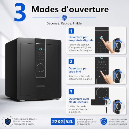 22 kg Heavy Duty Steel Safe 52 L Electronic Safe with Footprint, Digital Code and Key for Home and Office, Ideal for Jewellery, Money and A4 Documents, Instructions in French (Black, 52L)