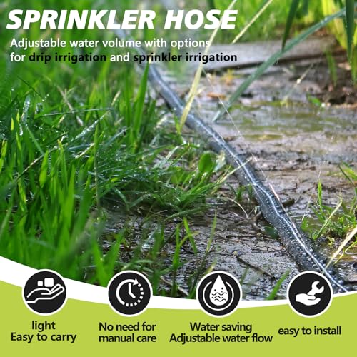 Apgooface Sprinkler Hose with Holes, Flat Soaker Hose 100 Ft (25 ft 4pack) with Garden Staples and Splitters, Watering Drip Irrigation Hoses for Lawn, Vegetable and Garden Beds (100 ft)