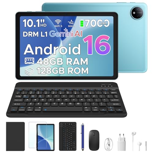 P10 Tablets Android, Tablet 10 Pulgadas, 90Hz Display, 7000mAh Tablet Android 16 con Gemini AI, 48GB RAM+128GB ROM, T310 CPU, 8MP+5MP, Widevine L1, Bluetooth 5.0, Face ID, Tablet con Teclado, Azul