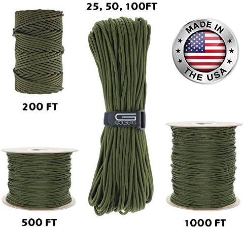 GOLBERG 550lb Parachute Cord Paracord - 100% Nylon USA Made Mil-Spec Type III Paracord - Used by the US Military - Multiple Colors &amp; Lengths Available